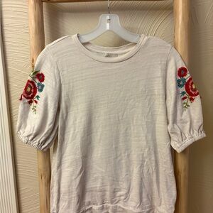 LOFT Cream Puff Sleeve Top with Red and Blue Embroidery